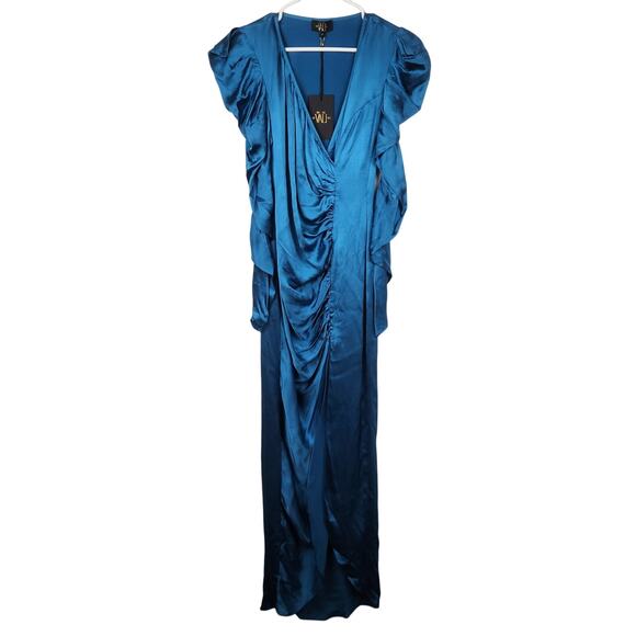 De La Vali Gin Ruched Maxi Dress in Blue Size UK 8 US 4 Long Sleeve Satin NWT - Picture 2 of 12